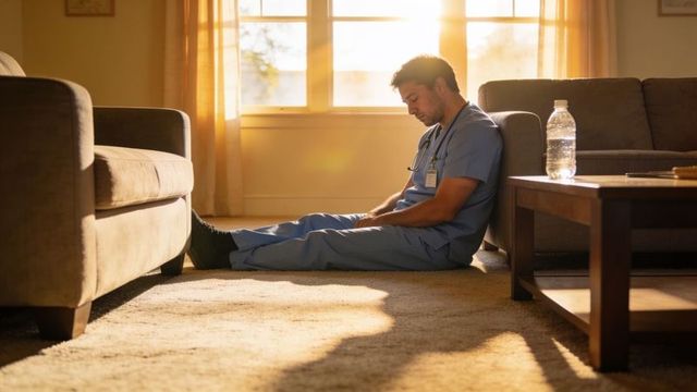 Overworked nurse sitting on living room floor at sunrise wearing scrubs and stethoscope