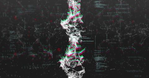 Neon Data Helix Twisting Through Cyber Network, Glitch Mesh and Binary Stream