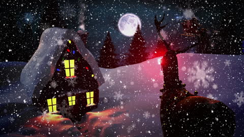 Magical Snowy Christmas Eve With Cottage and Rudolph