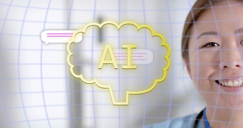 Smiling korean nurse in blue scrubs showcasing ai chat health interface for telemedicine