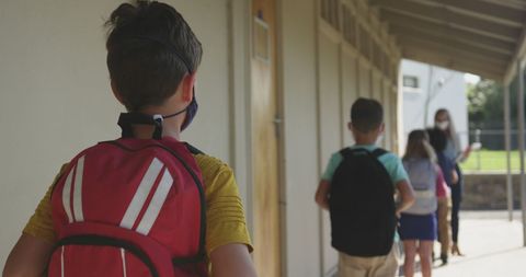 Children Walking to School Wearing Backpacks and Face Masks