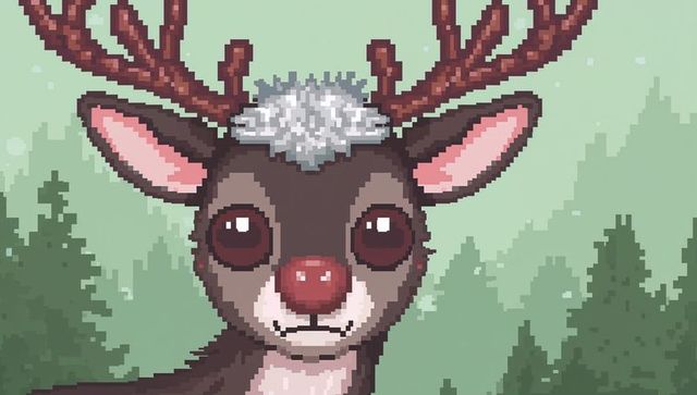 Pixel-art reindeer with red nose and white tuft in misty pine forest retro 8-bit portrait