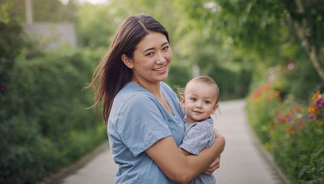 Mother holding baby on garden path, smiling and bonding in natural outdoor family moment