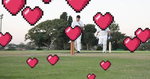 Running cricketers crossing crease with pixel heart overlay at golden hour