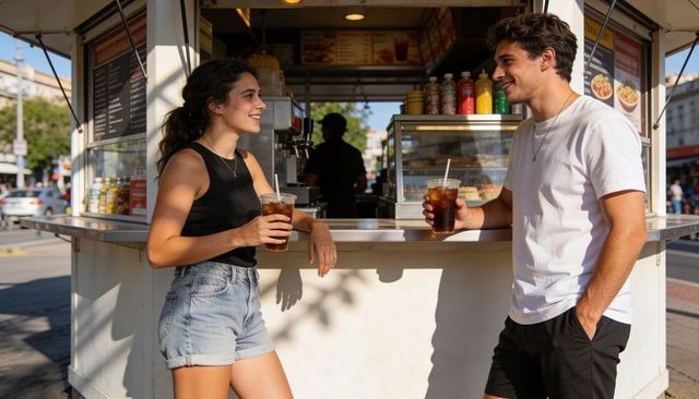Young couple chatting and drinking iced beverages at sunlit urban street kiosk