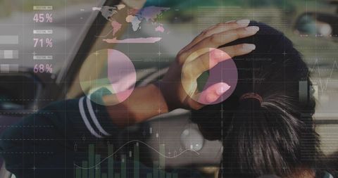Indian woman adjusting bun while driving, dashboard analytics overlay, commute concept