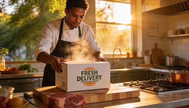 Chef opening steaming fresh delivery box in sunlit kitchen placing raw steak for prep