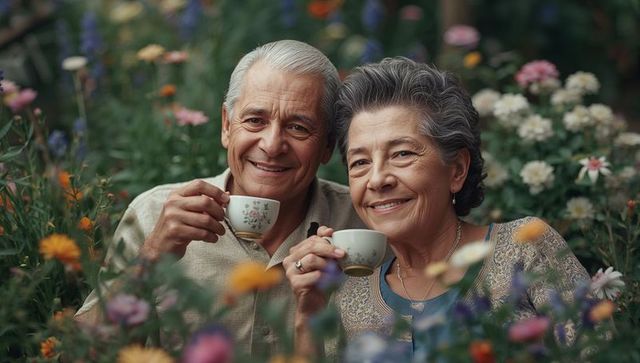 Senior Couple Enjoying Tea in Vibrant Floral Garden Setting