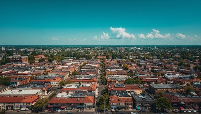 Aerial View of Vibrant Suburban Main Street with Low-Rise Buildings