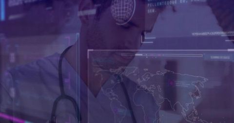 Clinician analyzing holographic health data panels in high-tech clinical laboratory