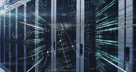 Futuristic data center with mathematical and binary overlays