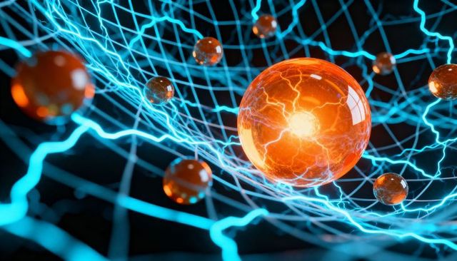 Glowing amber energy orb emitting electric arcs neon cyan net with floating glass spheres