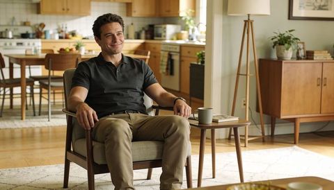 Man relaxing in midcentury living room holding mug, casual home comfort and morning calm