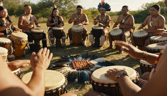 Indigenous drummers forming sunlit drum circle with hand drums, feathers, beadwork