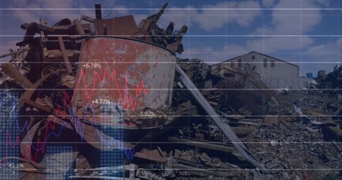 Financial Data Processing Overlay on Junkyard Scene