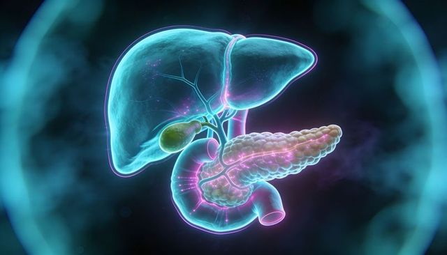 Neon translucent hepatobiliary anatomy highlighting liver, gallbladder, pancreas, bile ducts