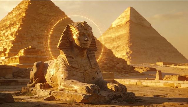Reclining sphinx at giza plateau glowing halo golden sunset pyramids
