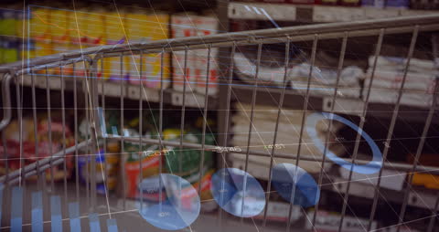 Digital Interface Overlay on Supermarket Aisle Visualizes Data Analysis