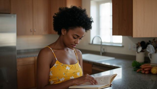 Woman reading recipe book in bright kitchen setting