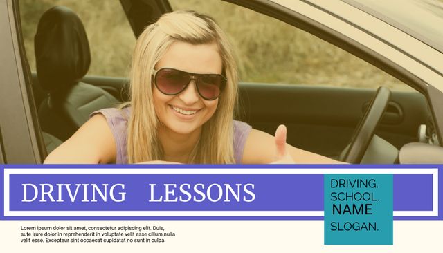 Smiling Woman Promotes Driving School Services - Download Free Stock Templates Pikwizard.com