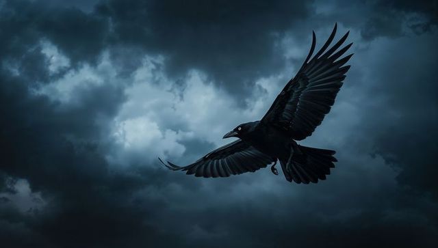 Majestic Raven Soaring Through Stormy Sky