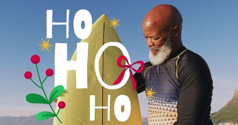 Festive Senior Surfer Celebrating Christmas on the Beach