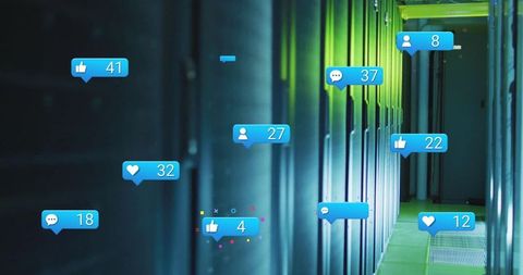 Futuristic Illuminated Data Center with Social Media Icons