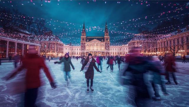 Joyful ice skating at festive city plaza