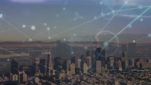 Digital Network Over Cityscape Representing Global Connections