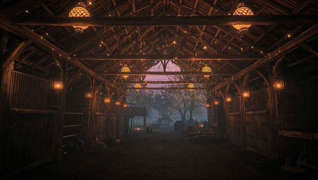 Rustic illuminated barn aisle with lanterns and string lights