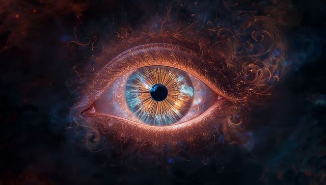 Abstract Cosmic Eye with Radiating Blue and Gold Filaments