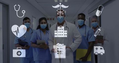 Healthcare Team in Hospital Hallway with Medical Icons Overlay