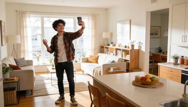 Teen taking selfie in sunlit modern apartment wearing backpack and plaid shirt smiling