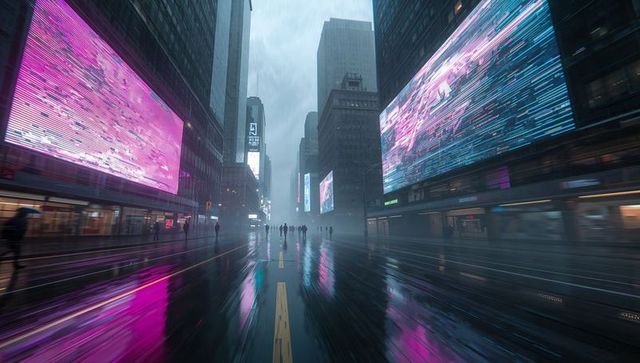 Rainy city street with neon reflections and led billboards