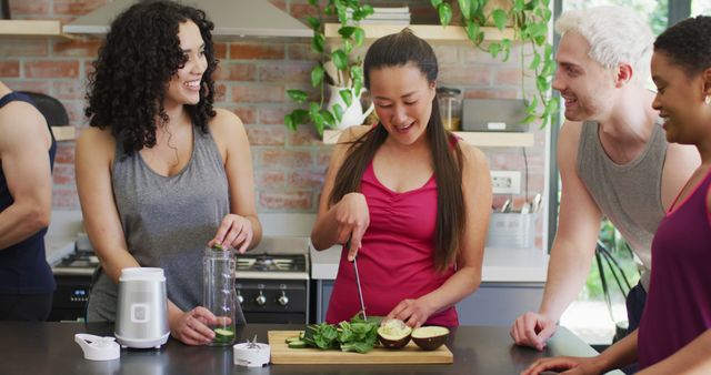 Diverse Group Making Healthy Green Smoothie in Modern Kitchen - Download Free Stock Images Pikwizard.com