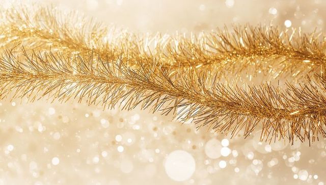 Glittering gold tinsel garland closeup with bokeh sparkle for holiday celebrations