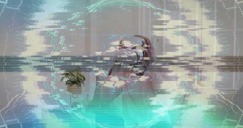 Man experiencing vr portal: futuristic hud glitch overlay with teal and magenta light