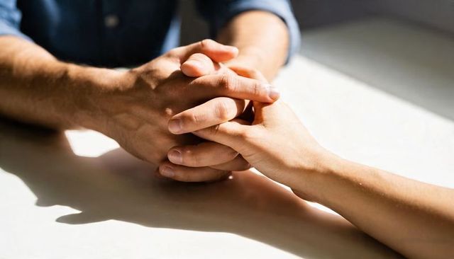 Two adults holding hands offering comfort and support across table in warm sunlight