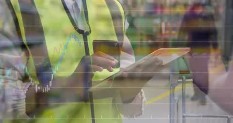 Retail worker analyzing sales data on tablet and smartphone in supermarket aisle
