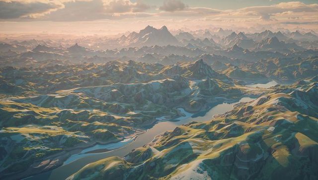 Panoramic alpine range stretching toward horizon with winding river and golden light