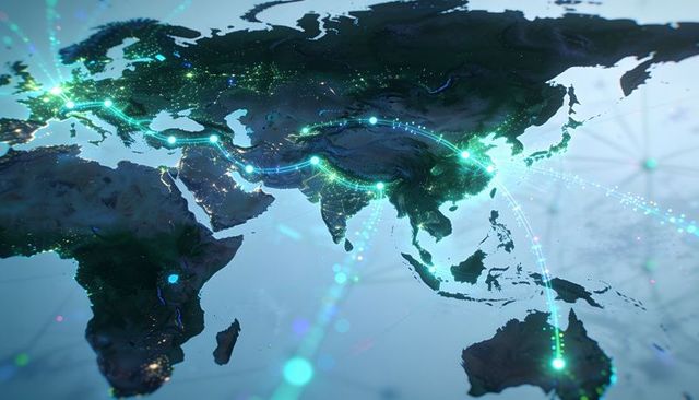 Global data network tracing neon arcs and glowing hubs across eurasia, africa and oceania