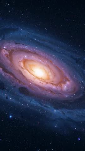 Vertical cosmic video rotating spiral galaxy glowing yellow core and pink nebula arms