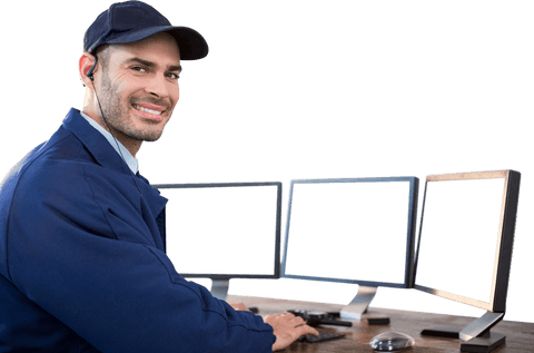 transparent smiling security officer using computer monitors - Download Free Stock Videos Pikwizard.com