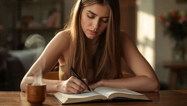 Young woman writing in journal at cozy sunlit table with steaming mug