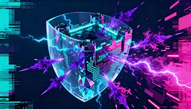 Neon crystal shield tower guarding digital network with glitch lightning