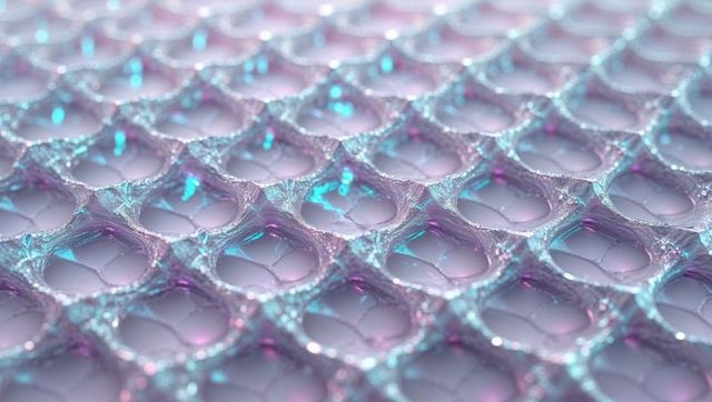 Translucent hexagonal grid with bubble cells and gel layers