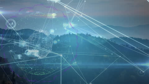 Digital Network Grid Over Serene Mountain Landscape