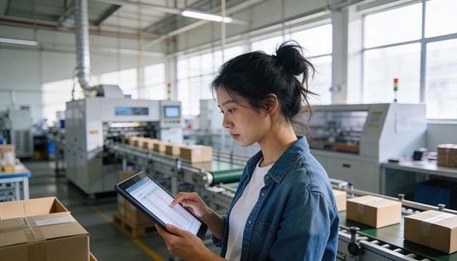 Female worker using tablet for quality control and inventory check on automated conveyor