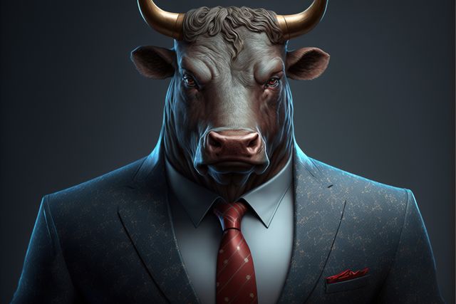 Buffalo with suit and red tie on dark background, created using generative ai technology. Nature and style concept, digitally generated image.