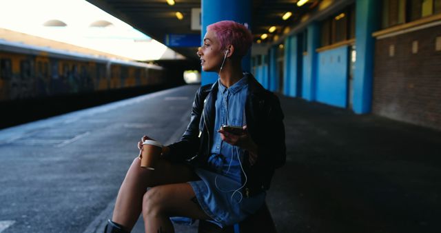 Young Woman Listening to Music While Waiting at Train Station - Download Free Stock Images Pikwizard.com